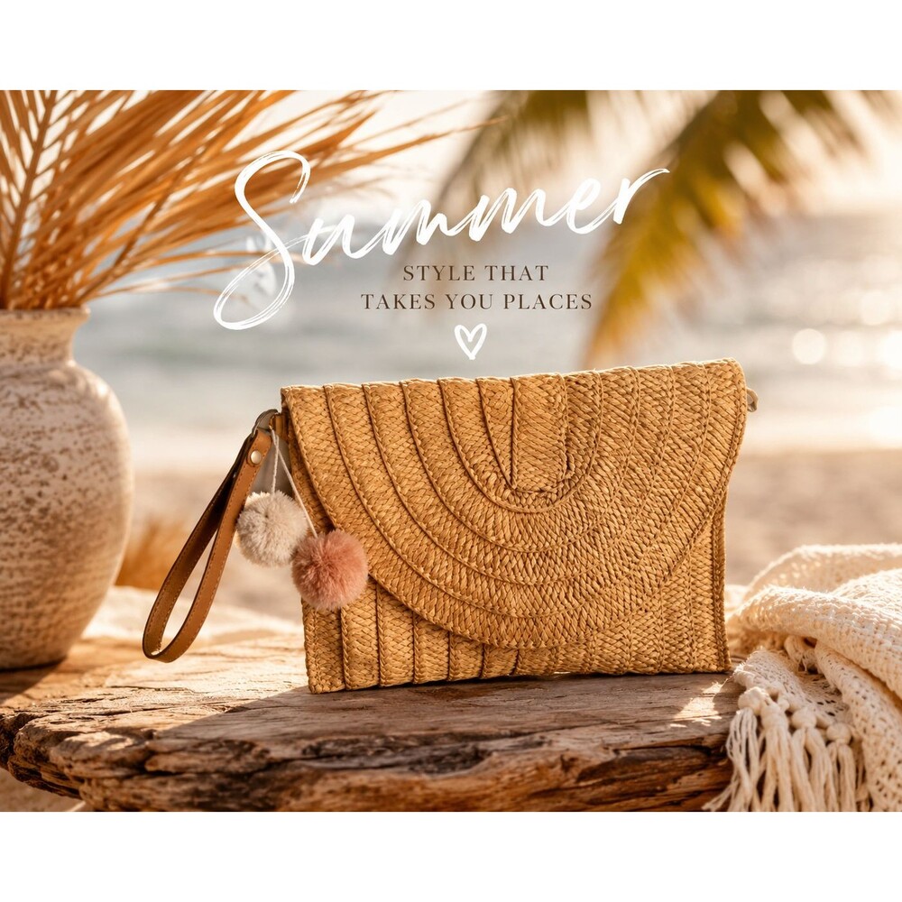 Straw Woven Clutch Crossbody Bag Tan Pom Pom Wristlet Boho Summer Beach